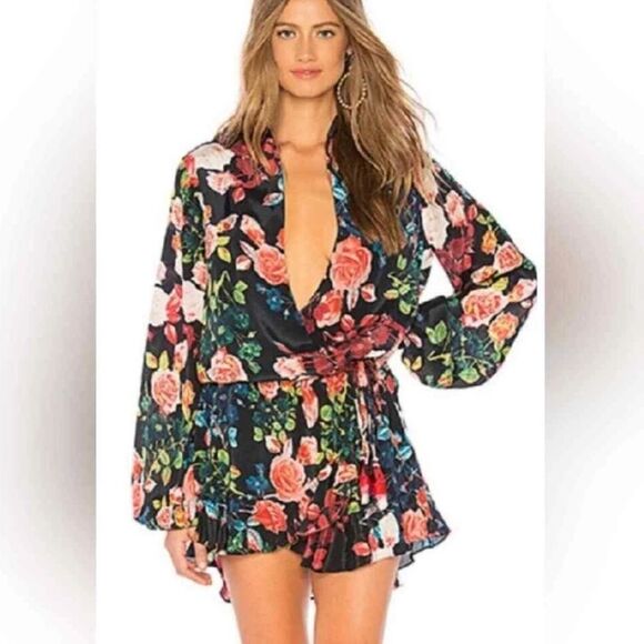 ROCOCO SAND Black Floral Wrap Mini DRESS Long Sleeve Cocktail Cottagecore Sz XS - Picture 4 of 15